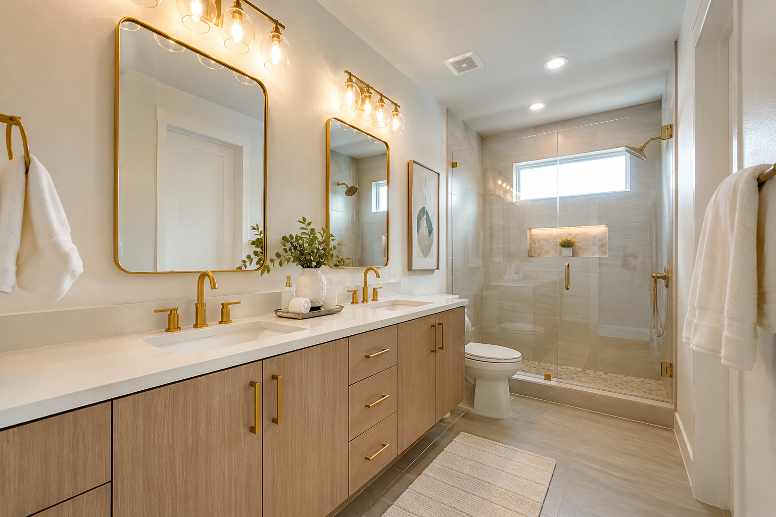 Bathroom after remodeling with gold fixtures in Tampa Bay Florida