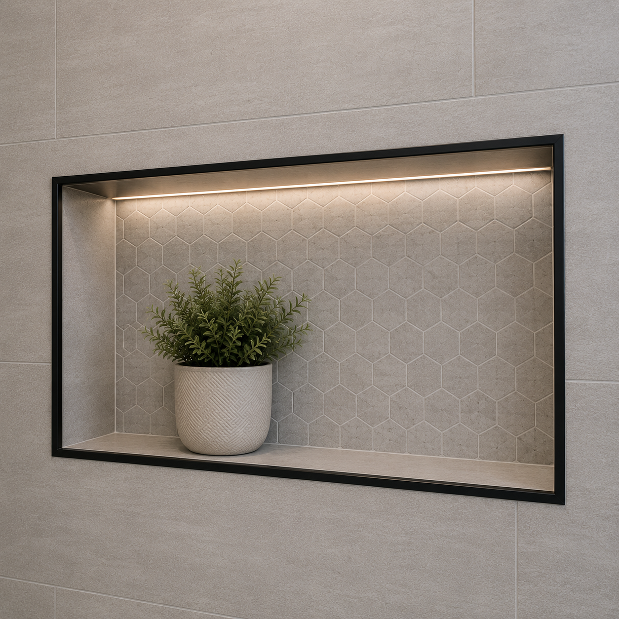 Bathroom shower niche tile detail with lighting in Tampa Bay remodel