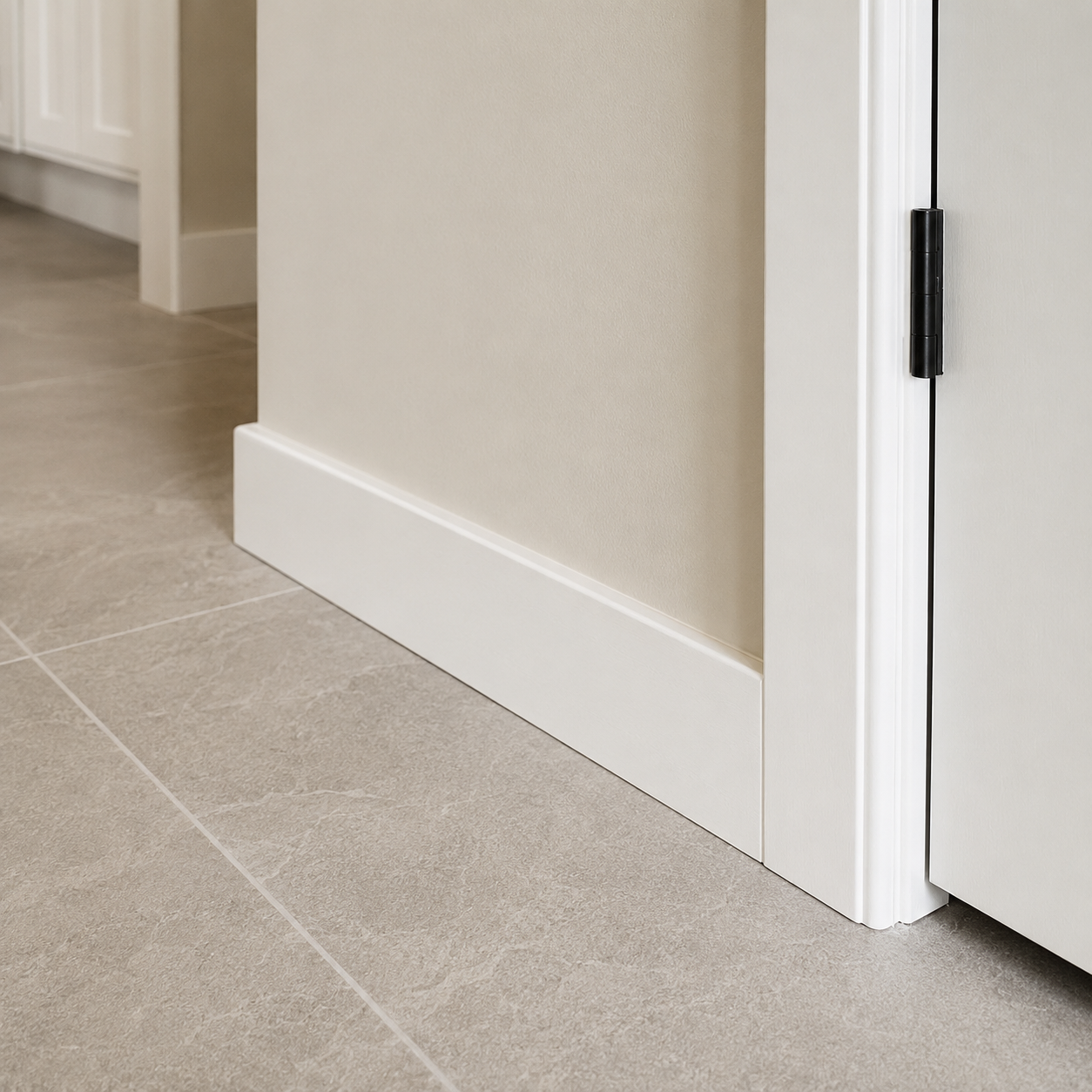 Flooring finish detail with clean baseboard and doorway transition