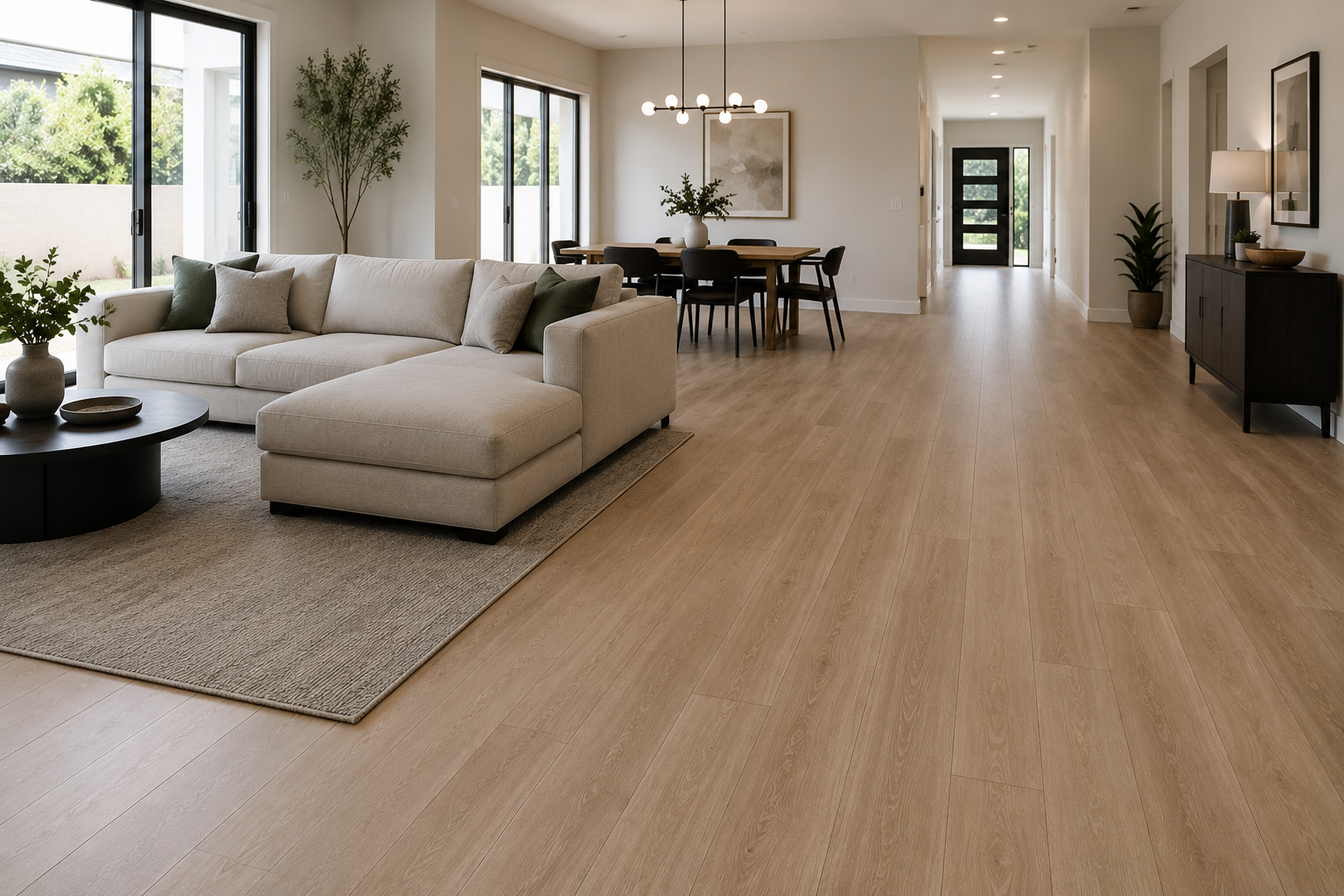 Finished wood-look flooring installation in Florida open living space