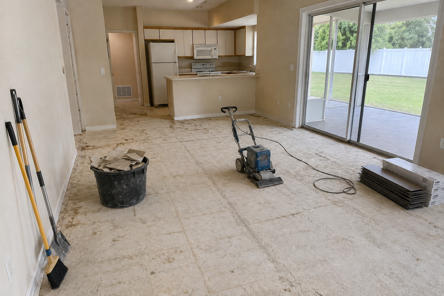 Flooring installation preparation after old flooring removal in Florida home