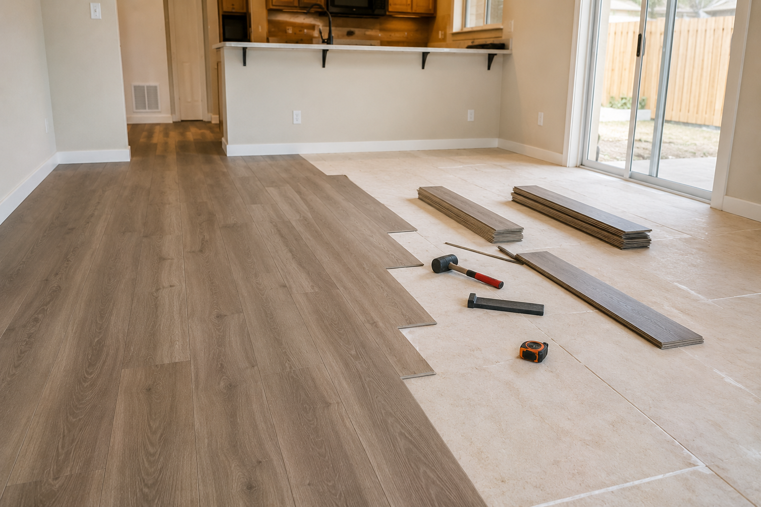 Luxury vinyl plank flooring installation in progress in Tampa Bay home