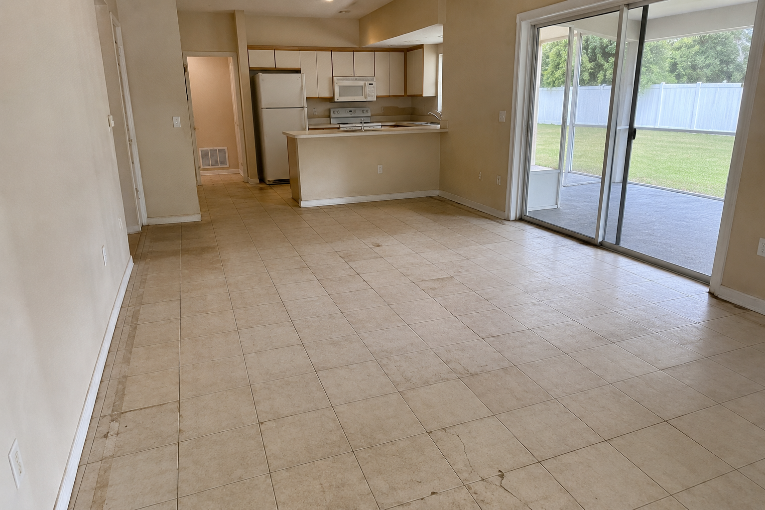 Old tile flooring before replacement in Florida home