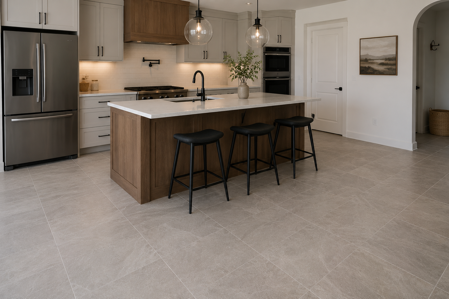 Tile flooring in Florida kitchen remodel with easy-clean surface